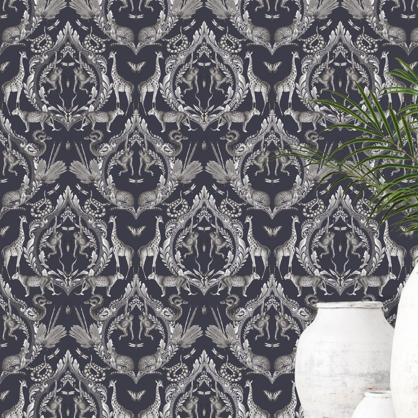 Bazaar Animal Damask Wallpaper - Navy Blue - Galerie - G78311 - Premier Wallcovering
