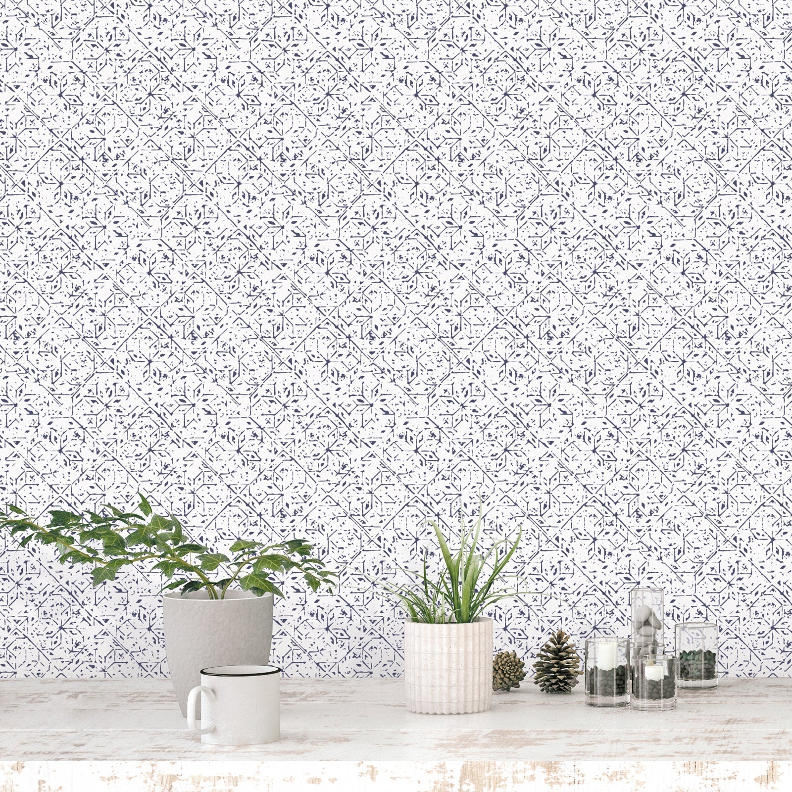 Bazaar Geo Tile Wallpaper - Navy / White - Galerie - G78337 - Premier Wallcovering
