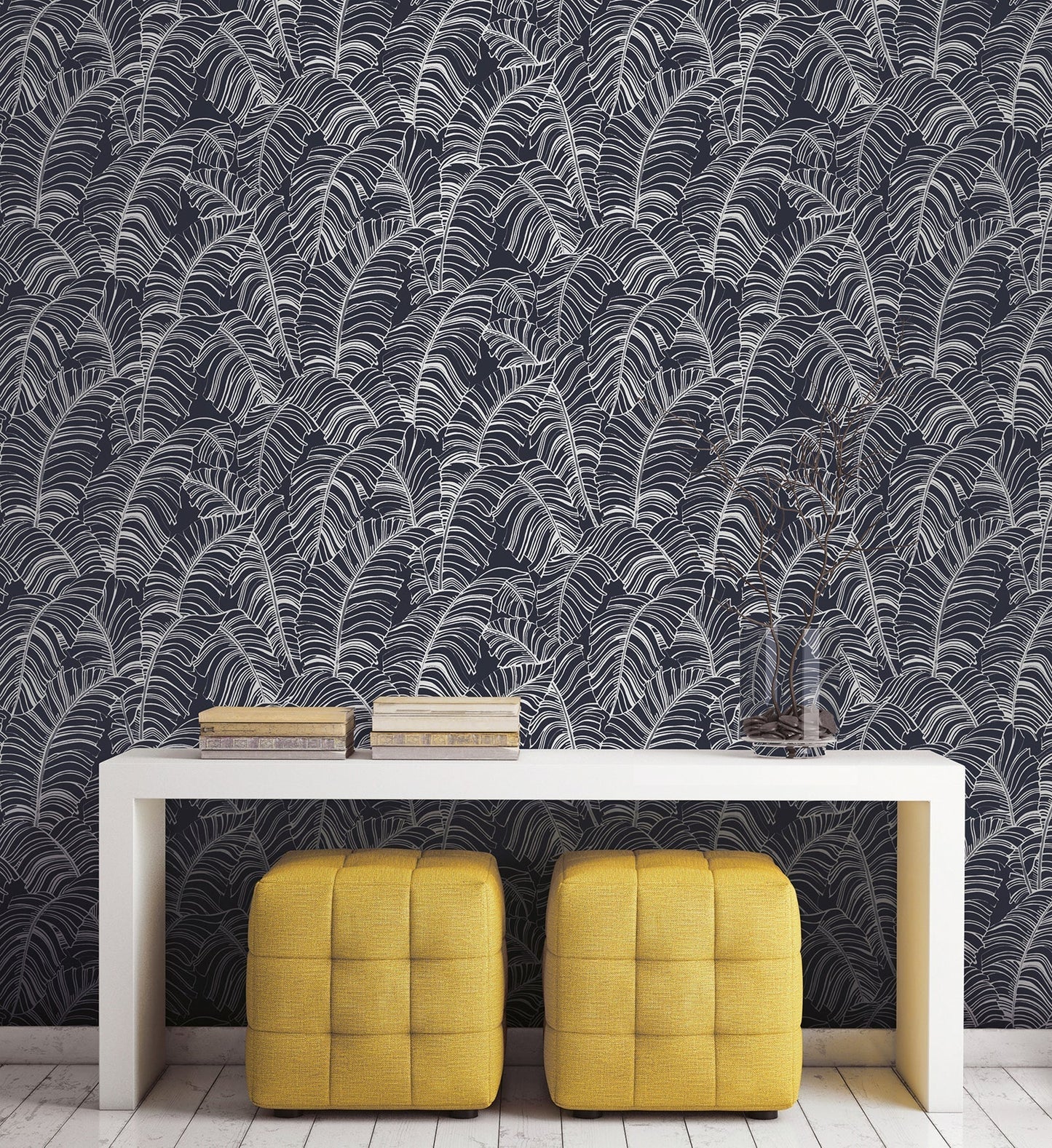 Bazaar Palm Leaves Wallpaper - Navy / Silver - Galerie - G78299 - Premier Wallcovering
