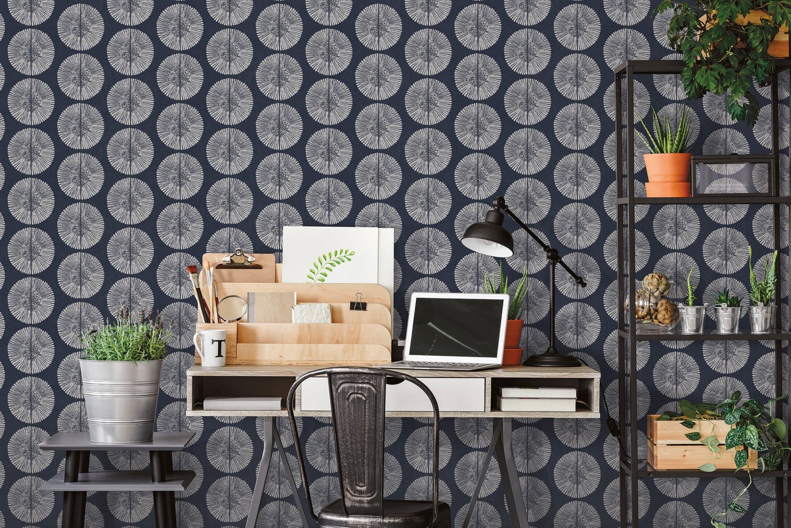 Bazaar Tribal Circles Wallpaper - Navy / Grey - Galerie - G78333 - Premier Wallcovering