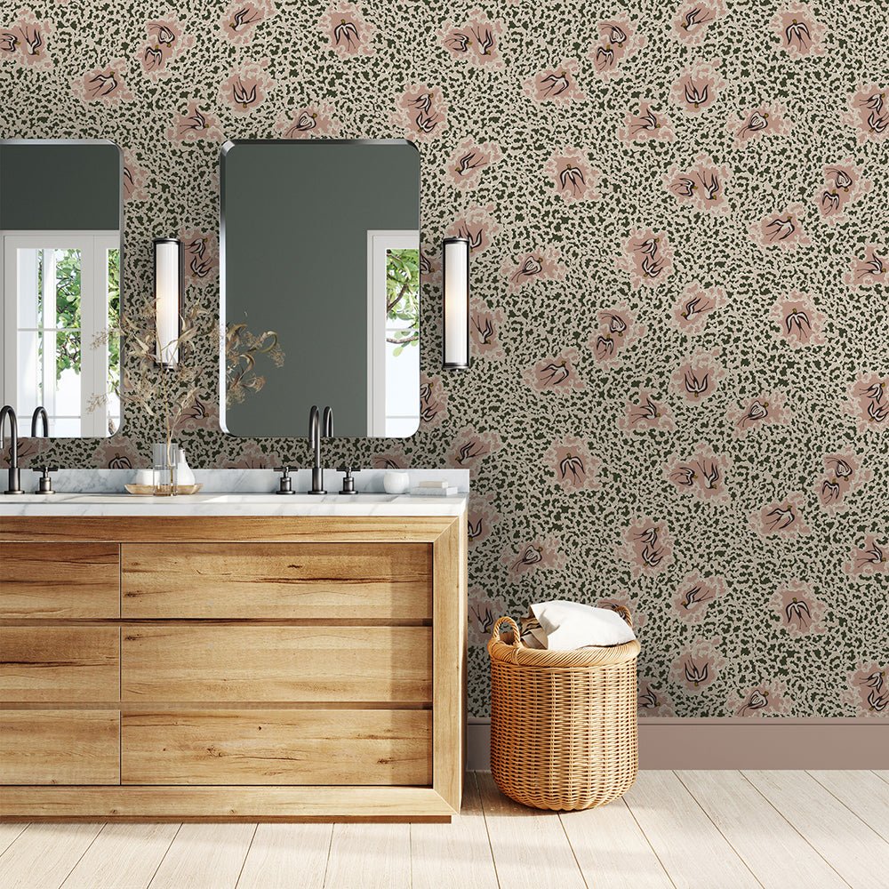 Bea's Swallows Wallpaper - Chaingate Green and Ham Pink - Josephine Munsey - JMW-102011 - Premier Wallcovering