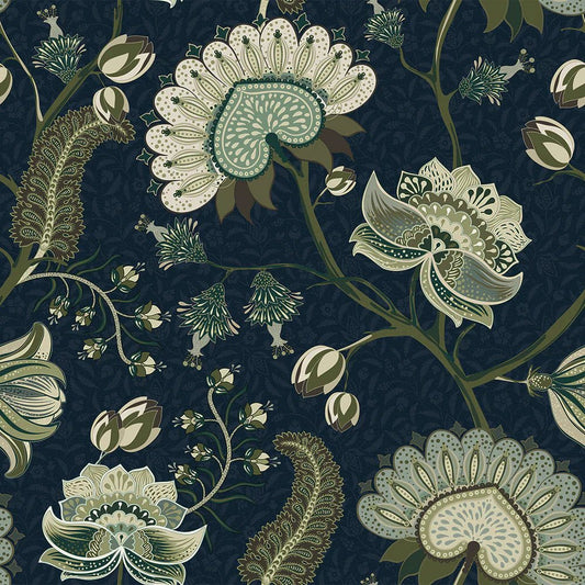Beaumont Wallpaper - Olive and Sage Green on Classic Navy - LAN100108 - Lucie Annabel - Premier Wallcovering