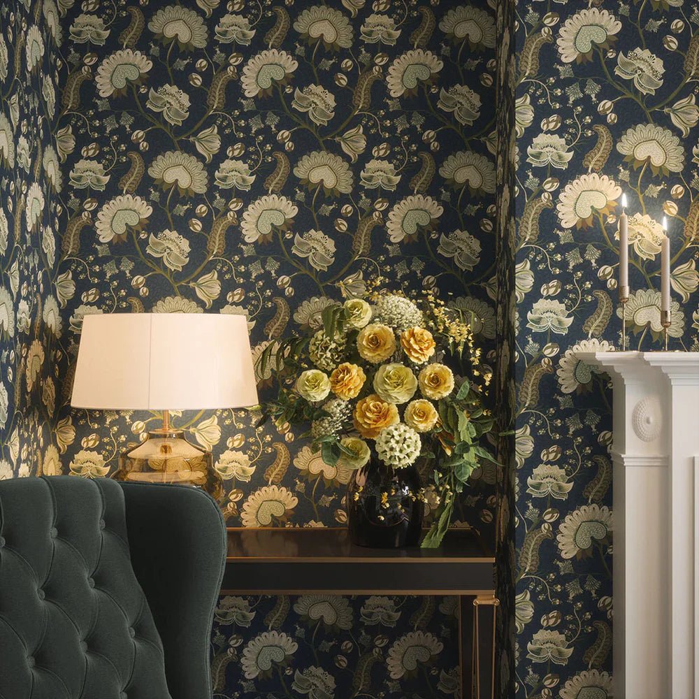 Beaumont Wallpaper - Olive and Sage Green on Classic Navy - LAN100108 - Lucie Annabel - Premier Wallcovering