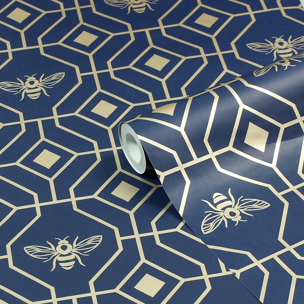 Bee Deco Gold Foil Wallpaper - Navy - Furn - BEEDECO/WP1/DBL - Premier Wallcovering