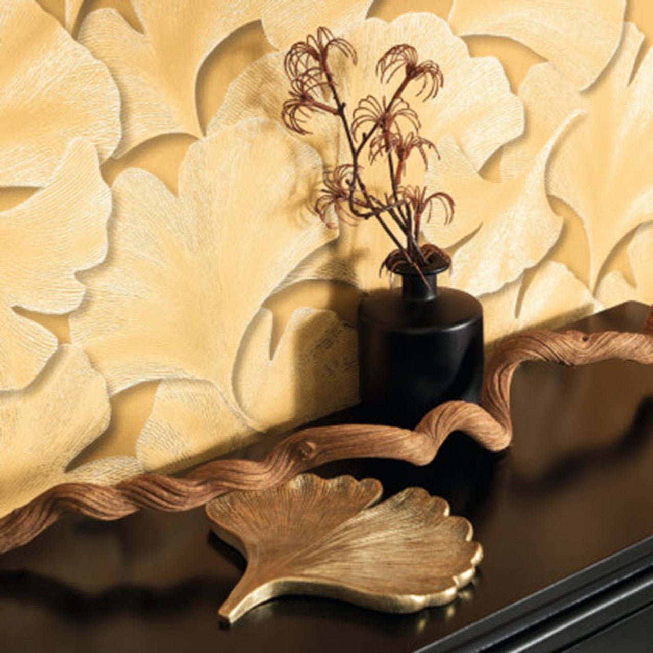 Biloba Ginkgo Wallpaper - Jaune Mordore - Casadeco - 86242322 - Premier Wallcovering