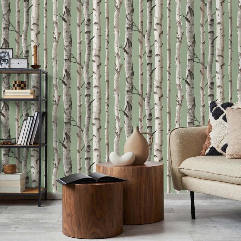 Birch Trees Wallpaper - Sage - Fine Décor - FD43291 - Premier Wallcovering