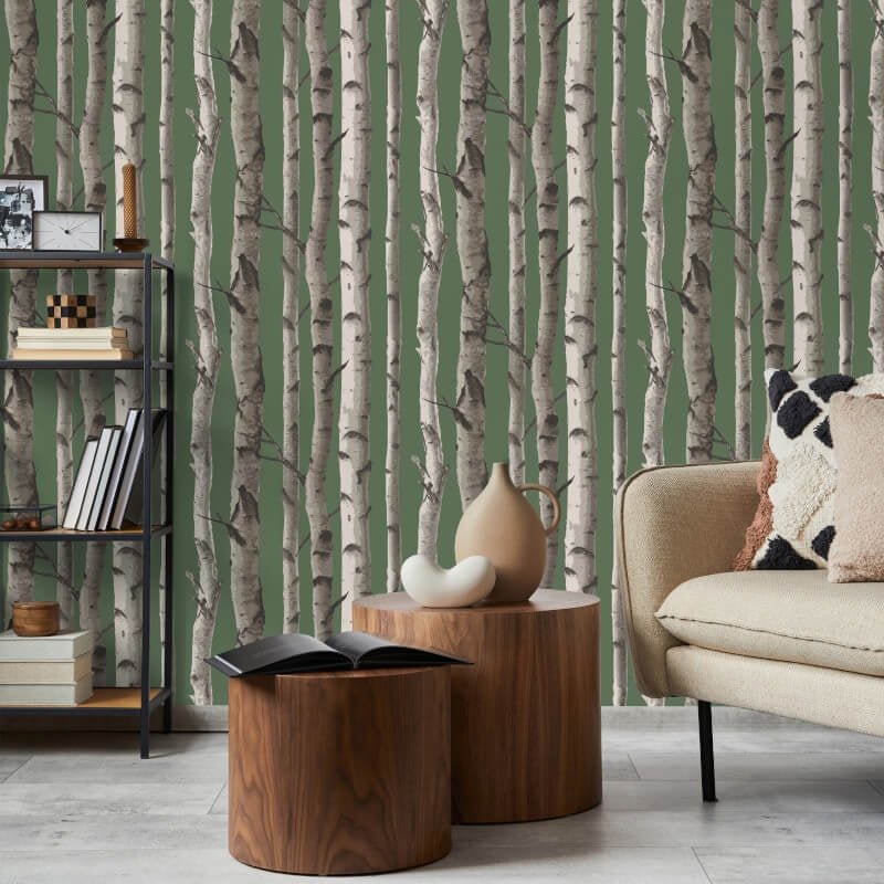 Birch Trees Wallpaper - Hunter Green - Fine Décor - FD43292 - Premier Wallcovering