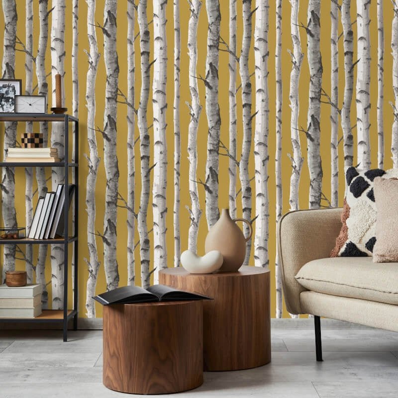 Birch Trees Wallpaper - Mustard - Fine Décor - FD43290 - Premier Wallcovering