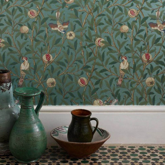Bird & Pomegranate Wallpaper - Turquoise/Coral - Morris & Co - 216453 - Premier Wallcovering