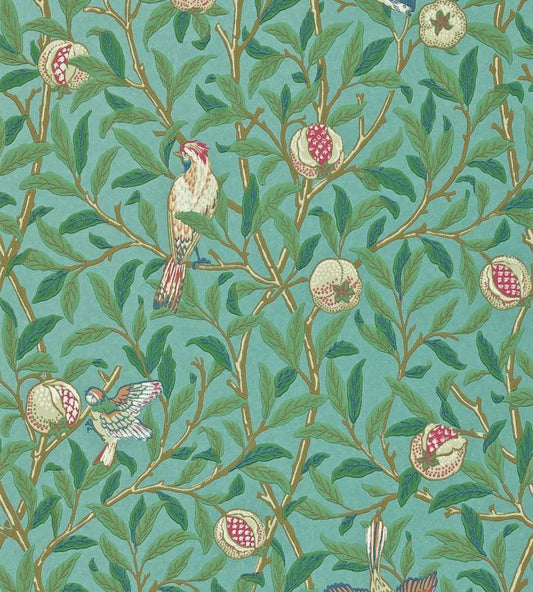 Bird & Pomegranate Wallpaper - Turquoise/Coral - 212538 - Morris & Co - Premier Wallcovering
