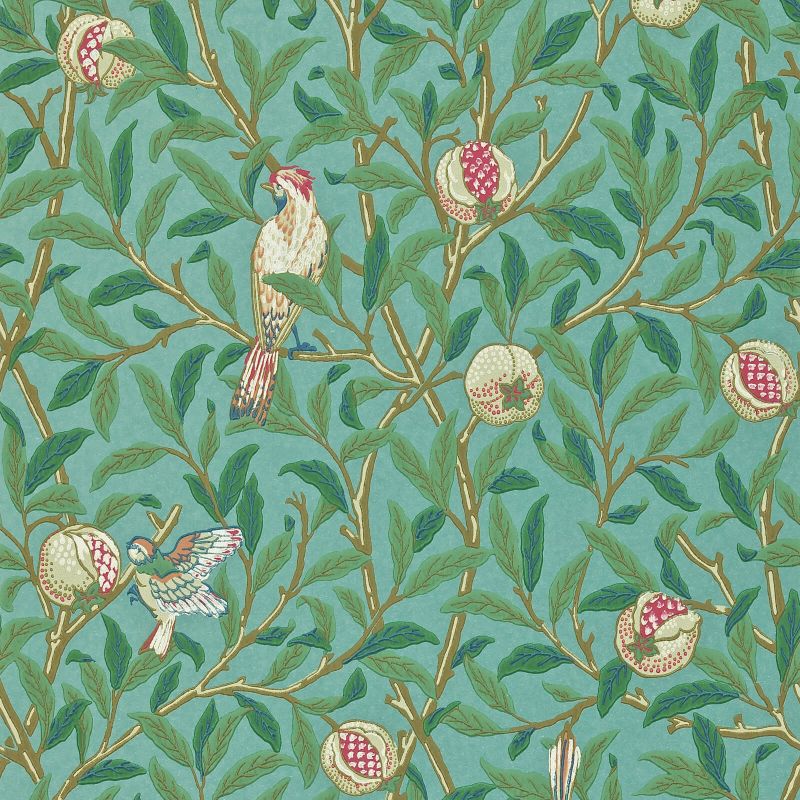 Bird & Pomegranate Wallpaper - Turquoise/Coral - Morris & Co - 216453 - Premier Wallcovering