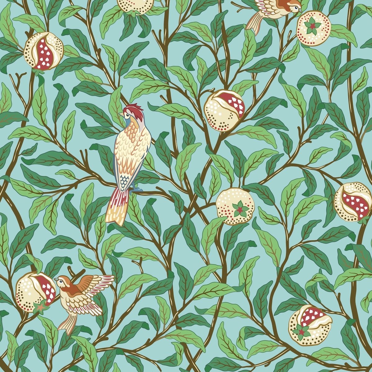 Morris Collections - 1041 - Bird & Pomegrante Wallpaper - Apple Green - Premier Wallcovering