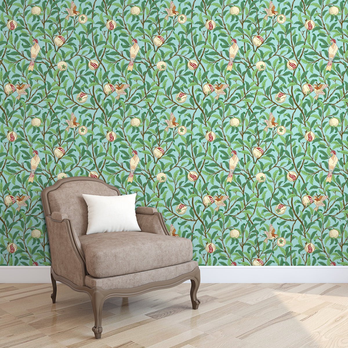 Morris Collections - 1041 - Bird & Pomegrante Wallpaper - Apple Green - Premier Wallcovering