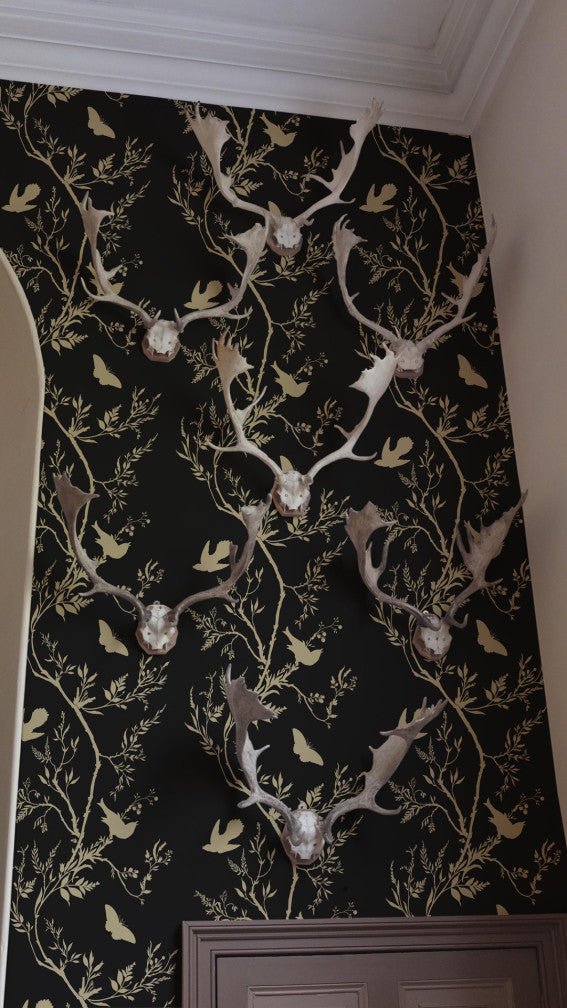 Birdbranch Stripe Wallpaper - Gold Pearl on Black - Timorous Beasties - EX/BBS/4007/09 - Premier Wallcovering