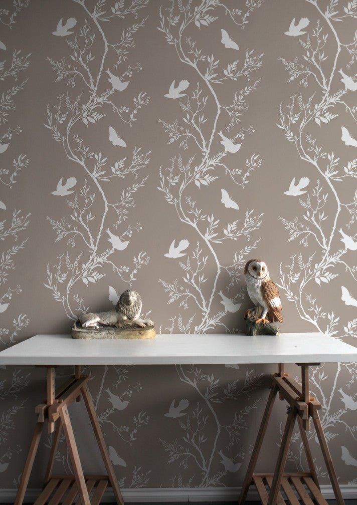Birdbranch Stripe Wallpaper - White on Stone - Timorous Beasties - EX/BBS/4008/03 - Premier Wallcovering