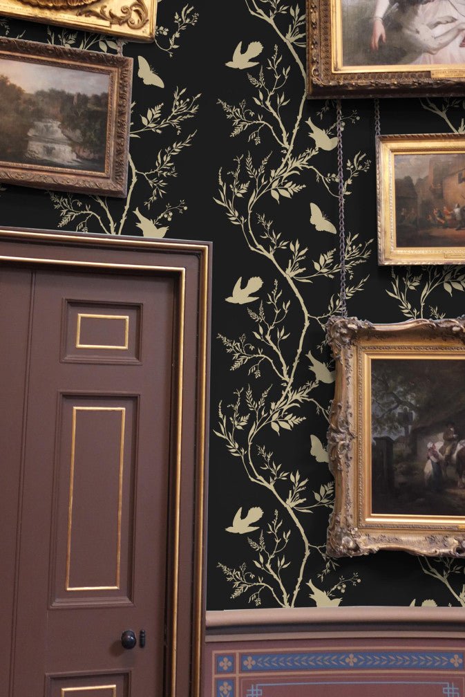 Birdbranch Stripe Wallpaper - Gold Pearl on Black - Timorous Beasties - EX/BBS/4007/09 - Premier Wallcovering