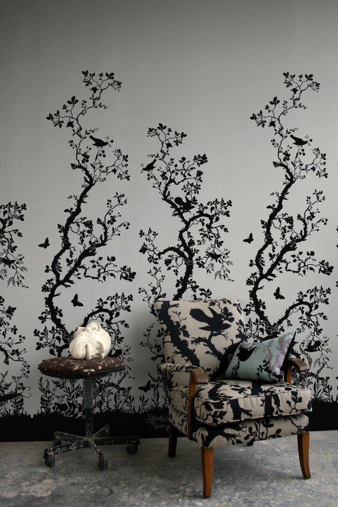 Birdbranch Wallpaper Panels - Black on Stone - Timorous Beasties - EX/BIRD/4008/04 - Premier Wallcovering