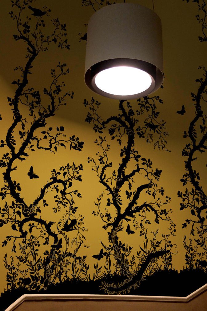 Birdbranch Wallpaper Panels - Black on Gold - Timorous Beasties - EX/BIRD/4000/01 - Premier Wallcovering