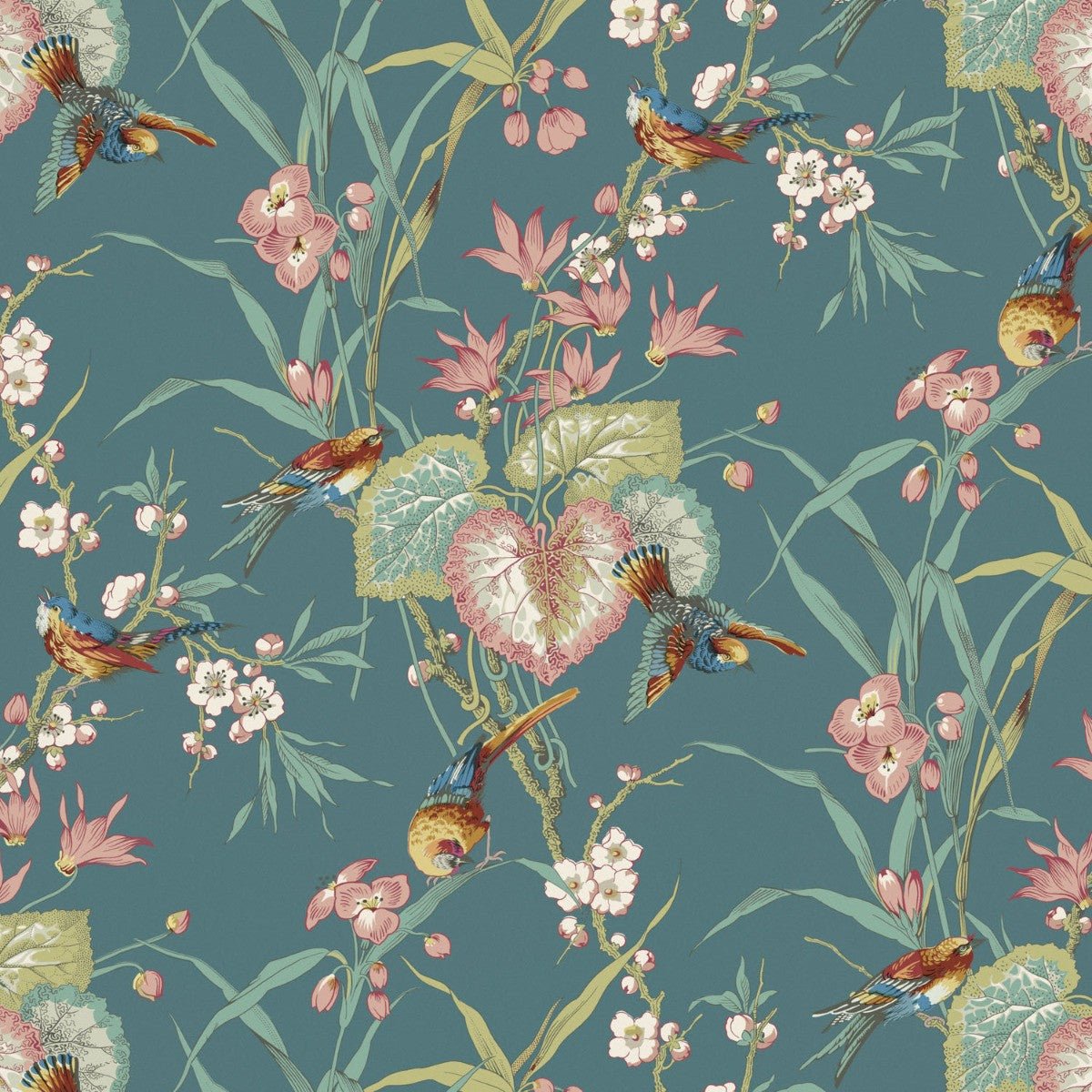 Birds & Blossom Wallpaper - Teal - Warner House - Premier Wallcovering