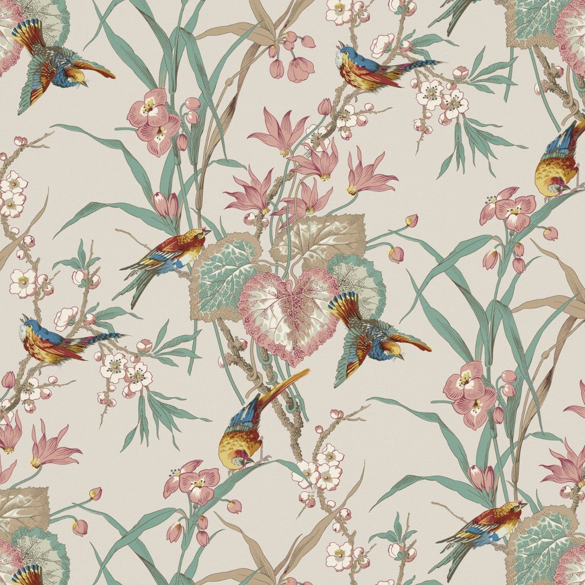 Birds & Blossom Wallpaper - Stone - Warner House - Premier Wallcovering