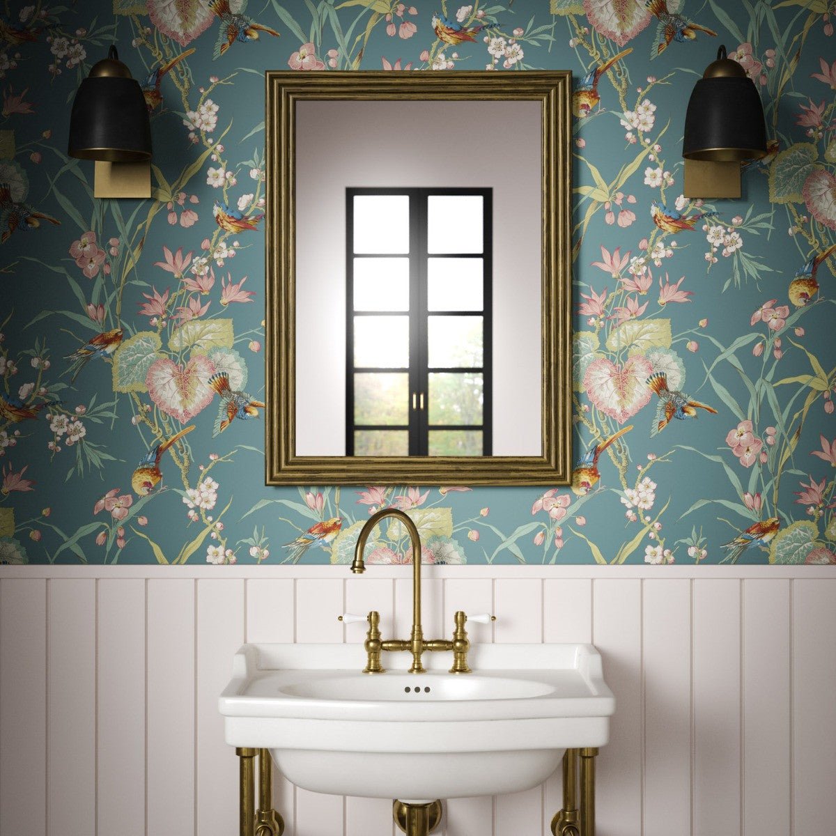 Birds & Blossom Wallpaper - Teal - Warner House - Premier Wallcovering