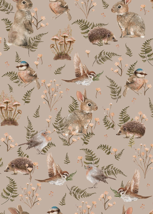 Birds & Bunnies Nursery Wallpaper - Dusty Rose - Summer Gray - Premier Wallcovering