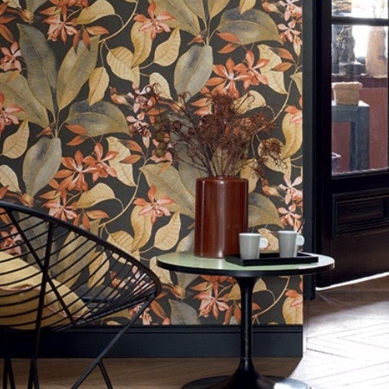 Birdsong Delicacy Wallpaper - Noir, Jaune And Orange - Casadeco - 85382347 - Premier Wallcovering