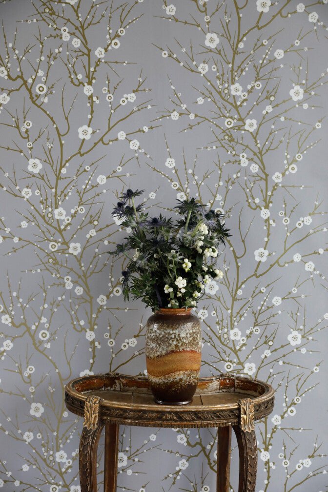 Blossom Branch Wallpaper - White & Gold on Pale Grey - Timorous Beasties - EX/BLMB/6002/01 - Premier Wallcovering