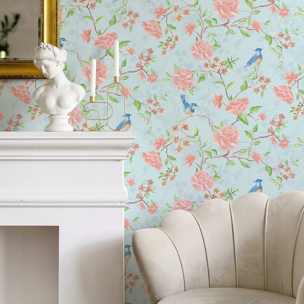 Blossoming Birdsong Wallpaper - Powder Blue - LAN100389 - Lucie Annabel - Premier Wallcovering