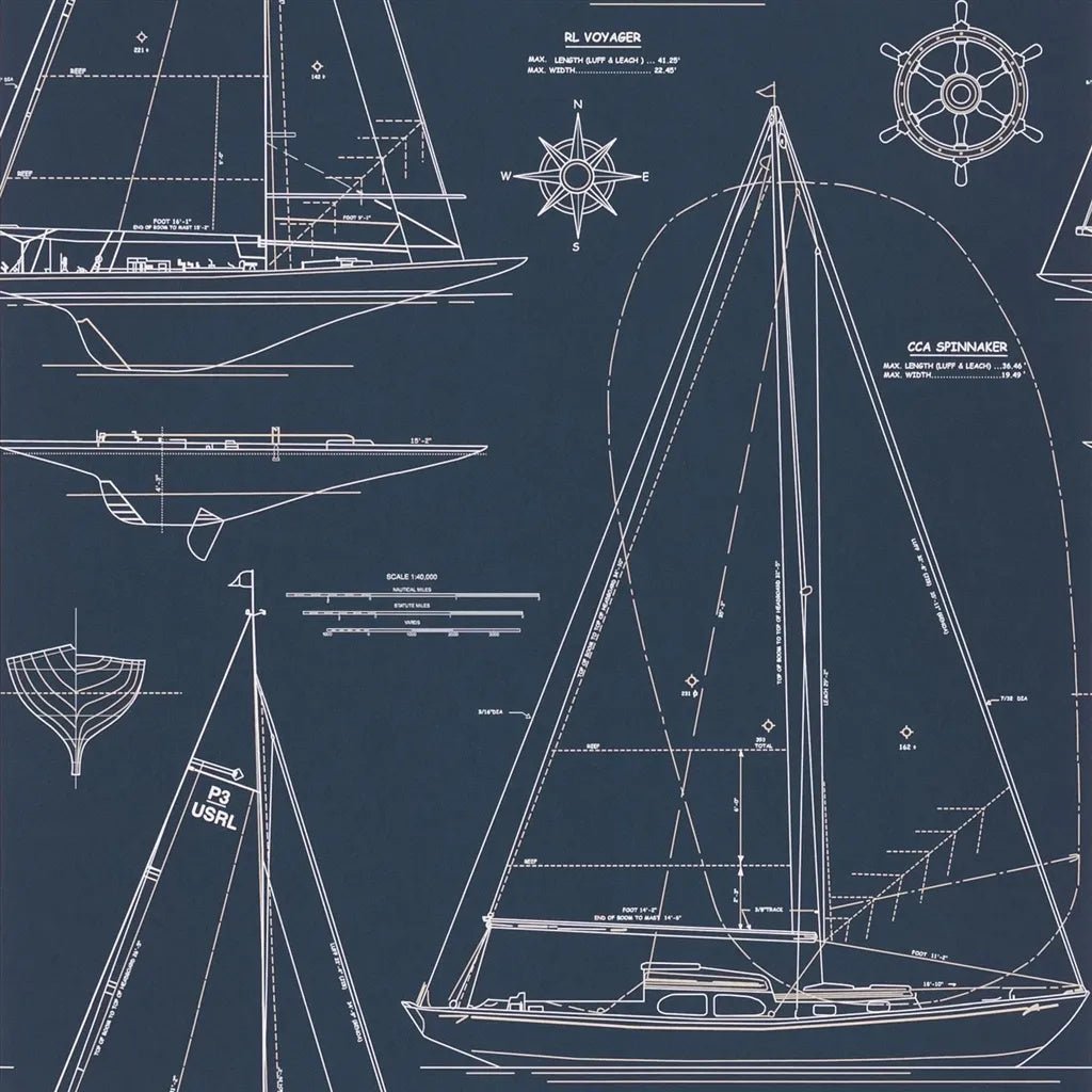 Boat Blueprint Wallpaper - White On Dark Blue - Ralph Lauren - PRL5035/02 - Premier Wallcovering