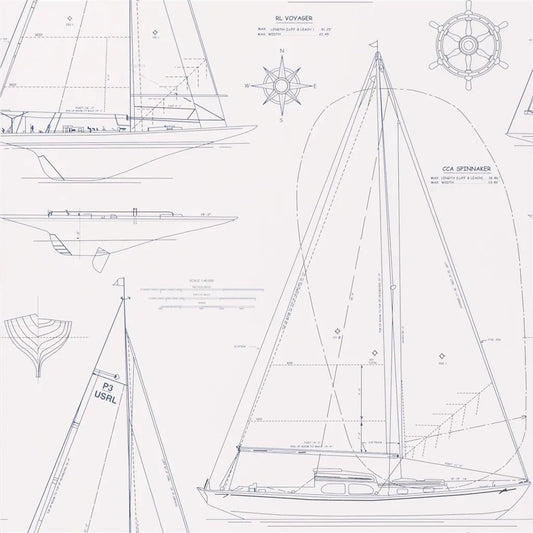 Boat Blueprint Wallpaper - Dark Blue On White - Ralph Lauren - PRL5035/01 - Premier Wallcovering