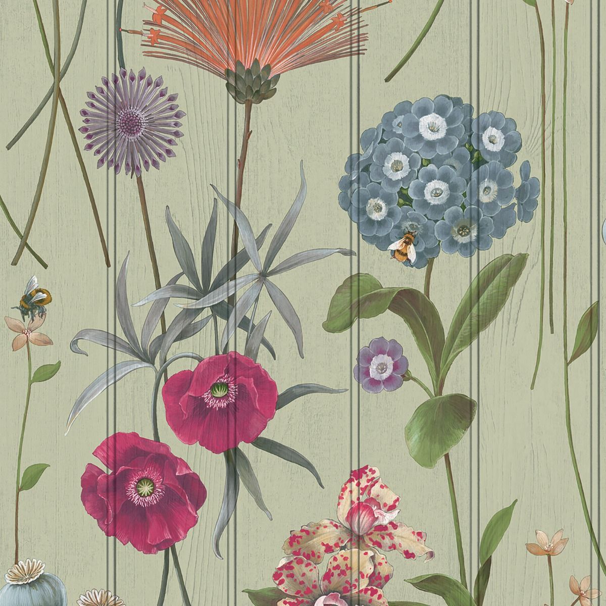 Botanist Wood Panel Wallpaper - Sage Green / Multi - Belgravia - 4773 - Premier Wallcovering