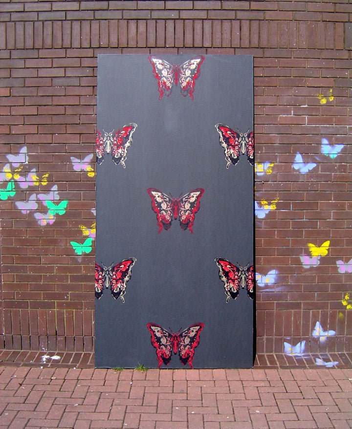 Butterfly Wallpaper - Red & Gold on Black - Timorous Beasties - EX/BFLY/4007/01 - Premier Wallcovering