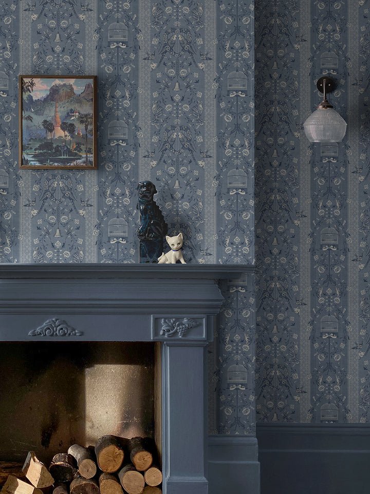 Bye Bye Birdie! Wallpaper - French Blue - Divine Savages - DVS118-BIRDIE-FRN-BLU-WR - Premier Wallcovering