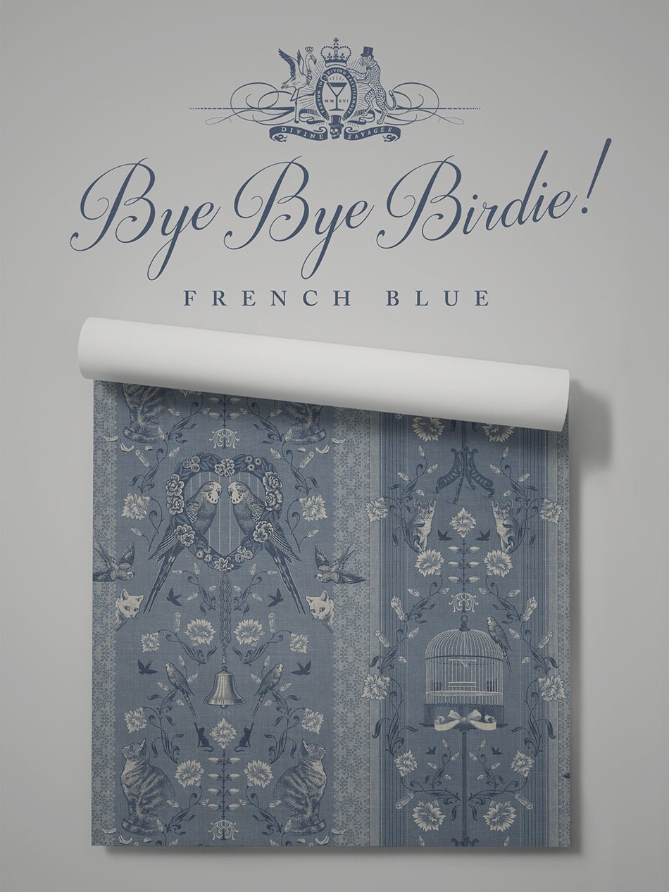 Bye Bye Birdie! Wallpaper - French Blue - Divine Savages - DVS118-BIRDIE-FRN-BLU-WR - Premier Wallcovering