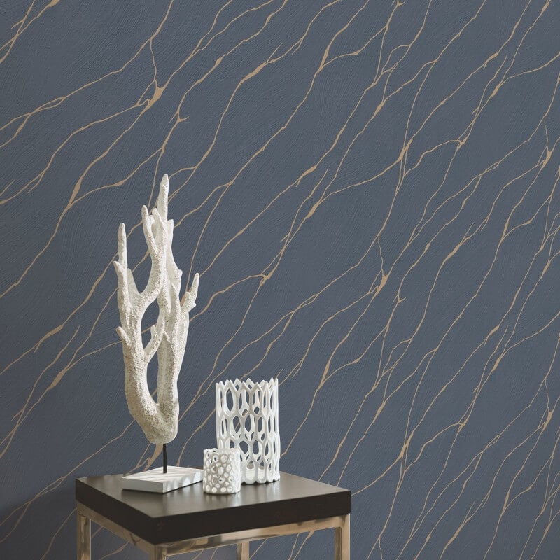 Calore Cracked Lines Metallic Wallpaper - Blue/Gold - Erismann - 10440 - 08 - Premier Wallcovering