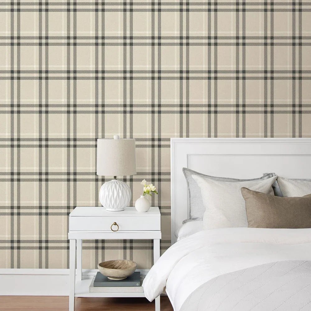Calverlay Plaid Wallpaper - Linen & Ebony - NextWall - NW58205 - Premier Wallcovering