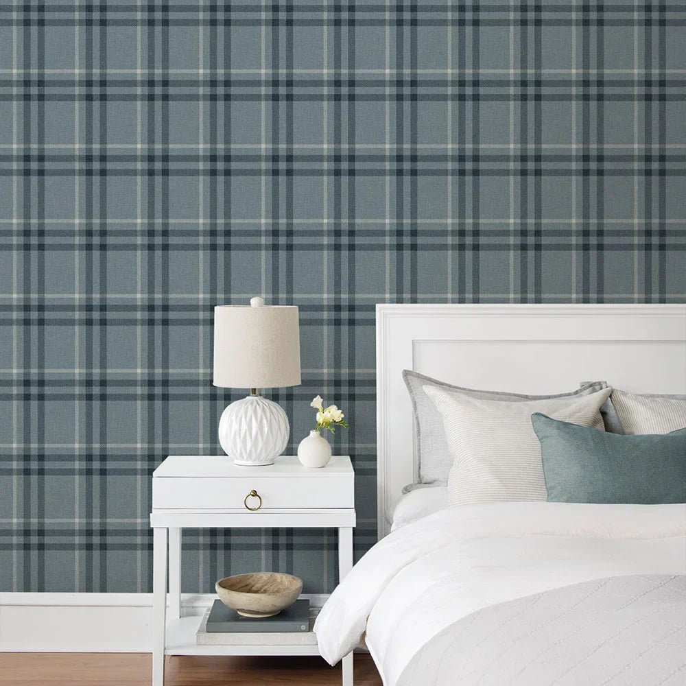 Calverlay Plaid Wallpaper - Light Blue - NextWall - NW58202 - Premier Wallcovering