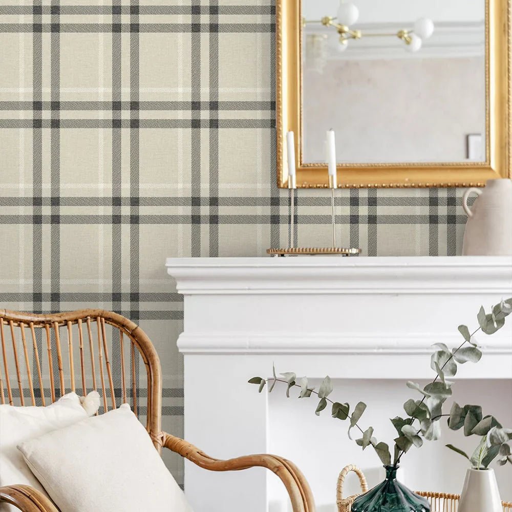 Calverlay Plaid Wallpaper - Linen & Ebony - NextWall - NW58205 - Premier Wallcovering