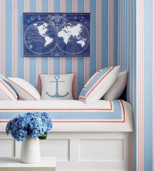 Canvas Stripe Wallpaper - Spa Blue & Beige - Thibaut - T13360 - Premier Wallcovering