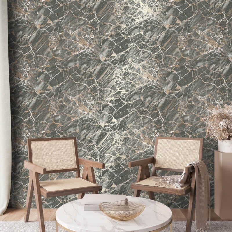 Carbon Onyx Marble Metallic Wallpaper - Charcoal - Crown - M1749 - Premier Wallcovering