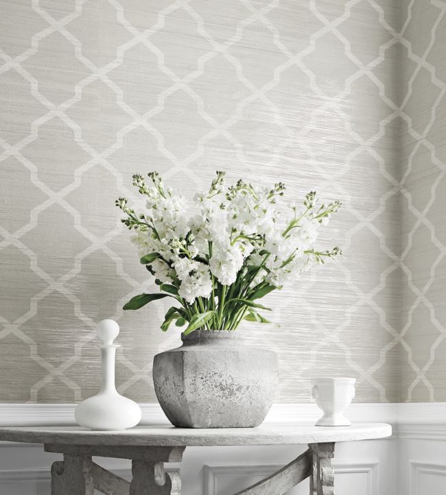Carolyn Trellis Wallpaper - Cream on Metallic - Thibaut - T83030 - Premier Wallcovering
