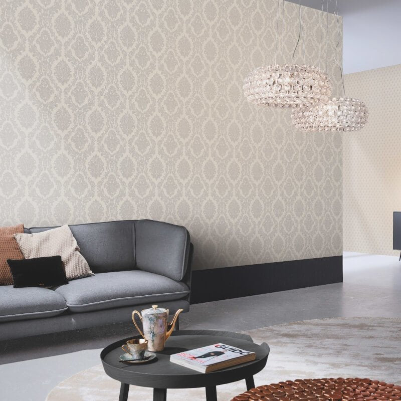 Carre Damask Metallic Wallpaper - Cream - Erismann - 10288 - 02 - Premier Wallcovering