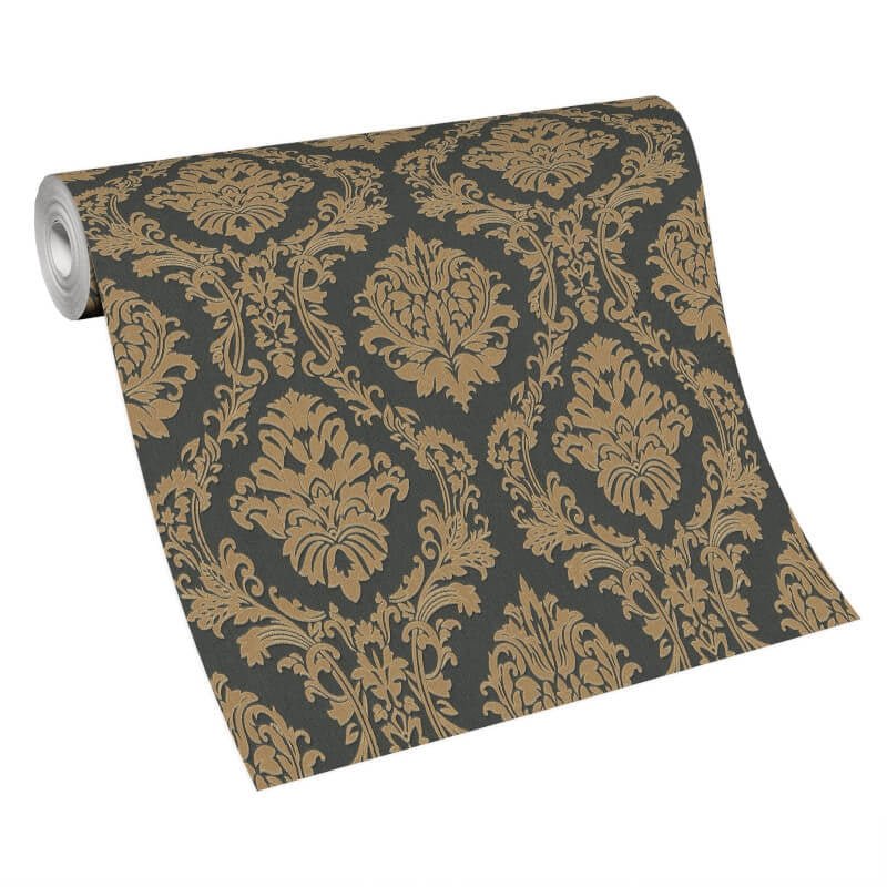 Carre Damask Metallic Wallpaper - Black/Gold - Erismann - 10288 - 15 - Premier Wallcovering