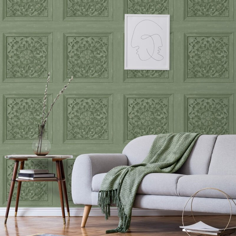 Carved Panel Wallpaper - Sage - Fine Décor - FD43276 - Premier Wallcovering