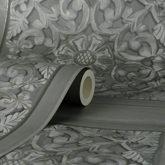 Carved Panel Wallpaper - Gunmetal - Fine Décor - FD43274 - Premier Wallcovering