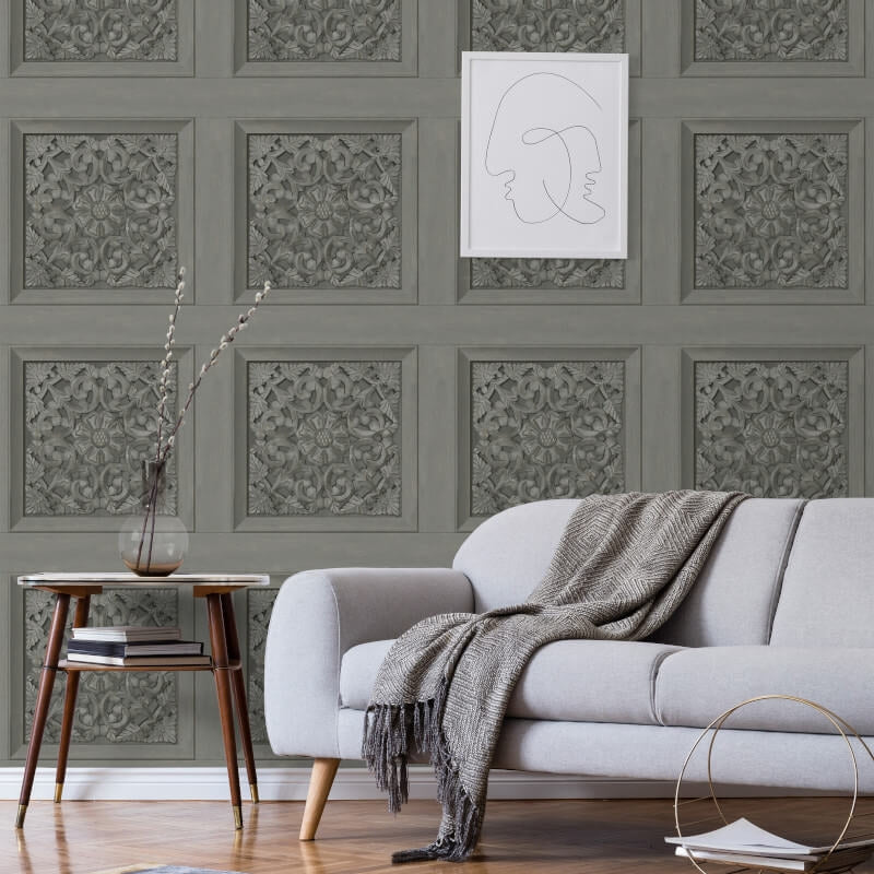 Carved Panel Wallpaper - Gunmetal - Fine Décor - FD43274 - Premier Wallcovering