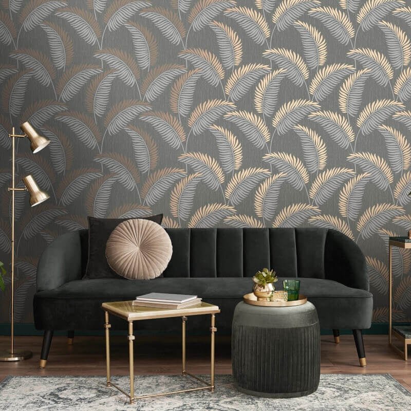 Cascade Leaf Metallic Wallpaper - Grey/Rose Gold - Fine Décor - FD42839 - Premier Wallcovering