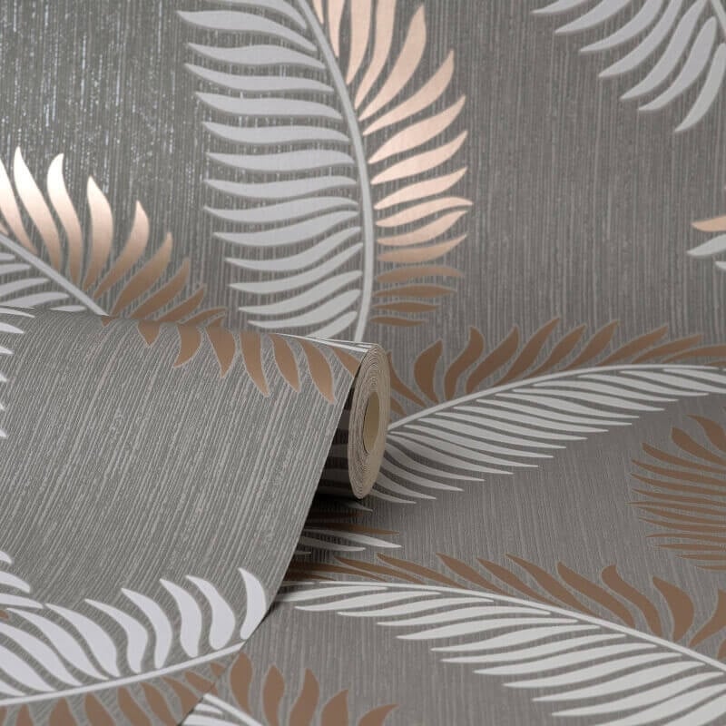 Cascade Leaf Metallic Wallpaper - Grey/Rose Gold - Fine Décor - FD42839 - Premier Wallcovering