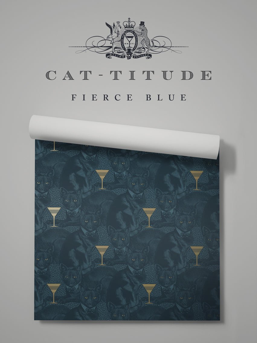 Cat-titude Wallpaper - Fierce Blue - Divine Savages - DVS076-CAT-BLUE-WR - Premier Wallcovering